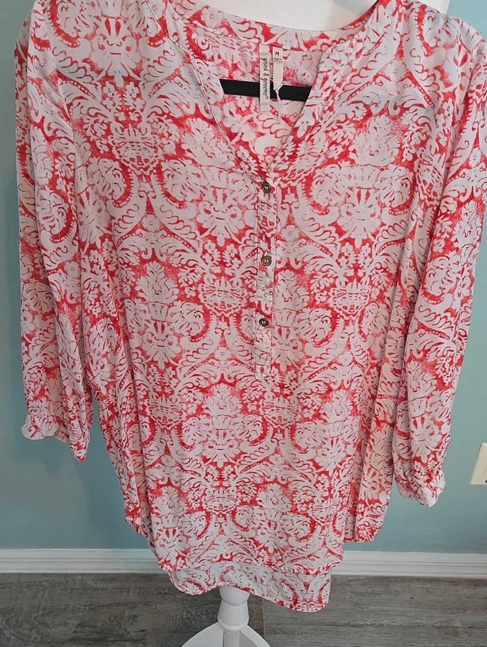 grand & greene Coral and White Printed Henley Tunic